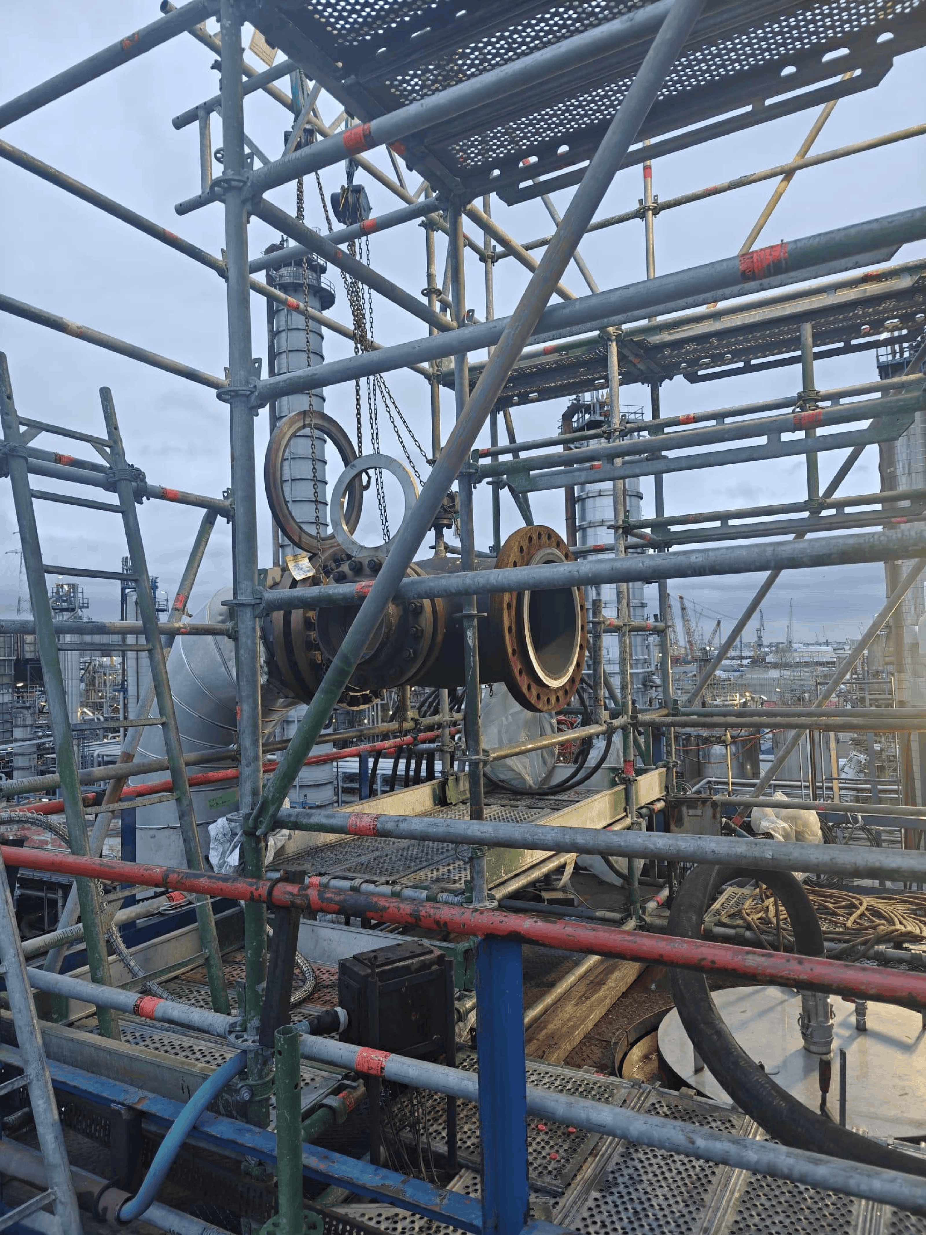 Complex scaffolding and process piping at offshore petrochemical installation